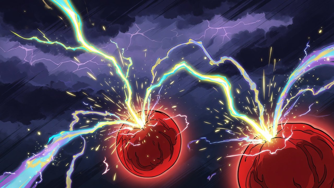 Two glowing red sacs firing yellow and cyan lightning into a storm
