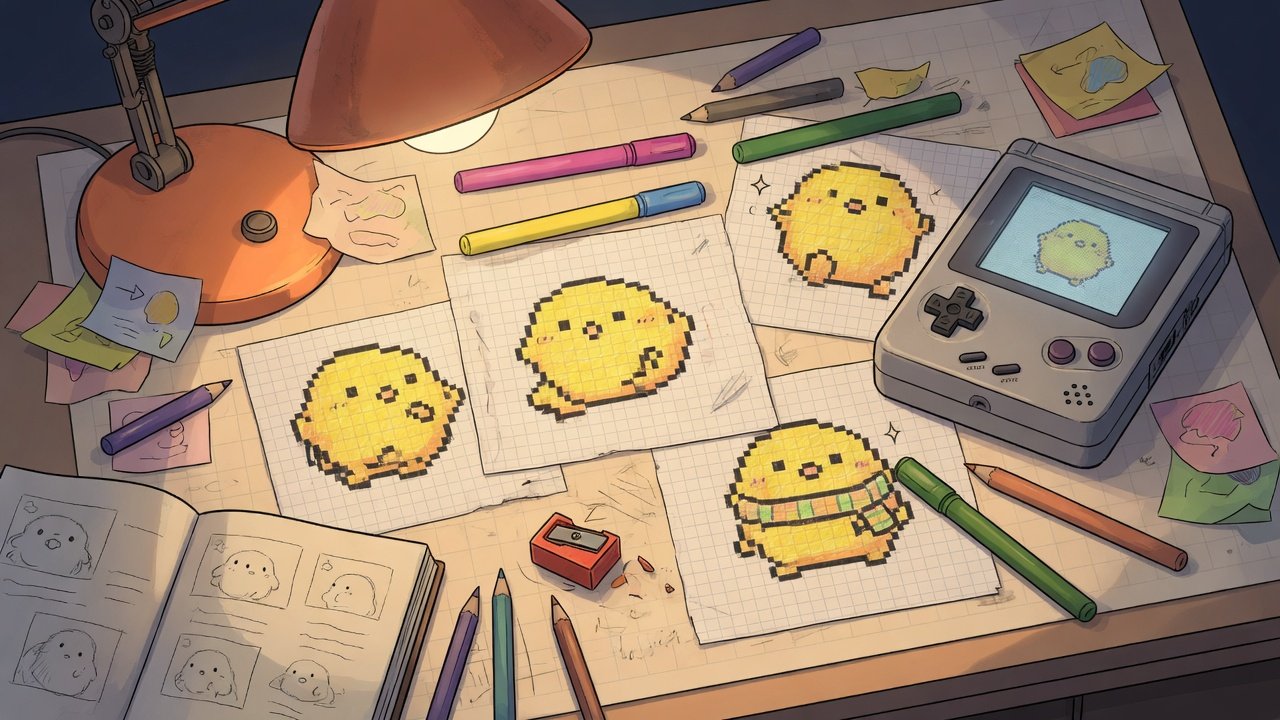 Warm 1990s game-studio desk covered in pixel sketches of a round yellow creature and a handheld console