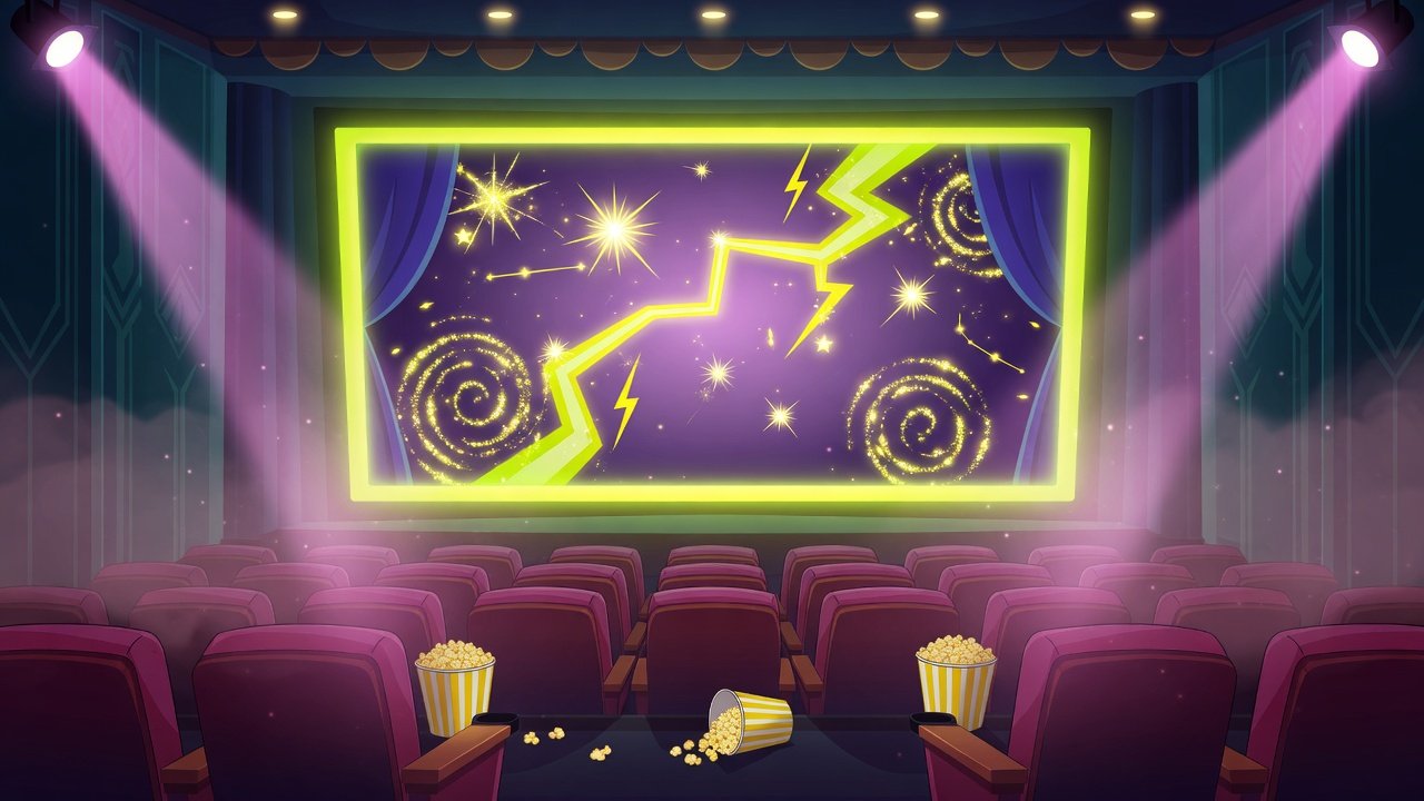 Cartoon cinema with a lightning-filled movie screen and spilled popcorn